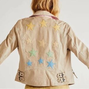 Women's Beige/Tan Star-Patterned Leather Jacket